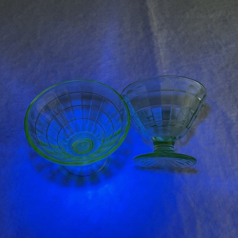 Uranium Glass UV Glowing 3” Green Vintage Sherbet Dish Block Optic Pattern FLAW